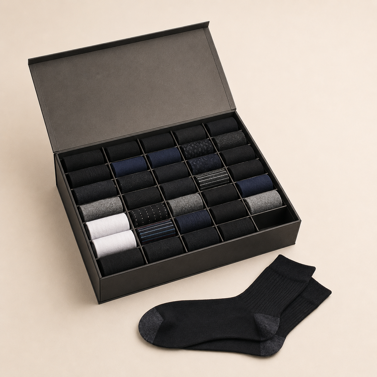Détail d’une réserve de chaussettes NOLOVAN soigneusement rangée